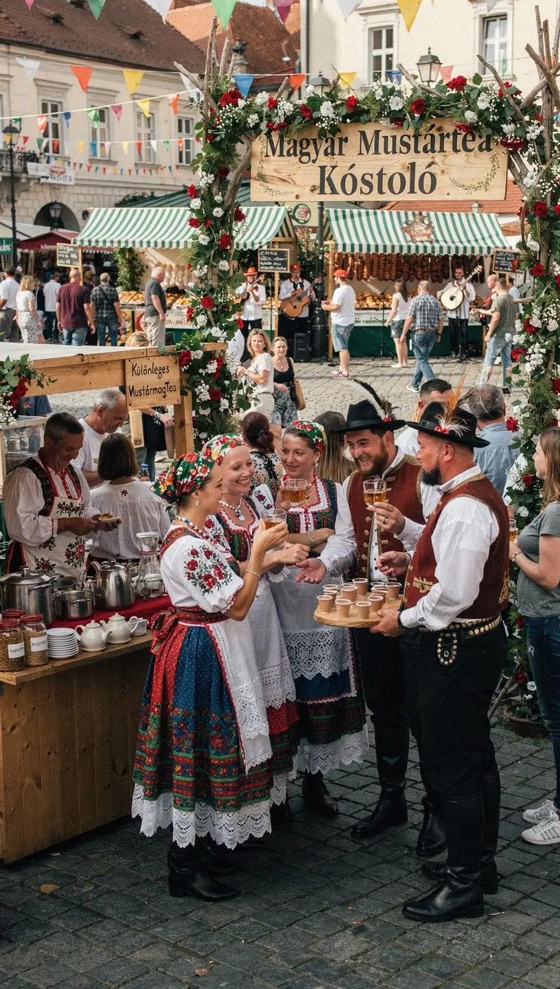 Mustármag tea csésze gőzölgő forró itallal, mellette fűszerek és gyógynövények.