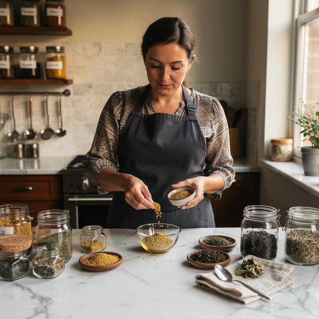 Egy csésze mustármag tea, melyben a színek és az ízek harmóniája látható.